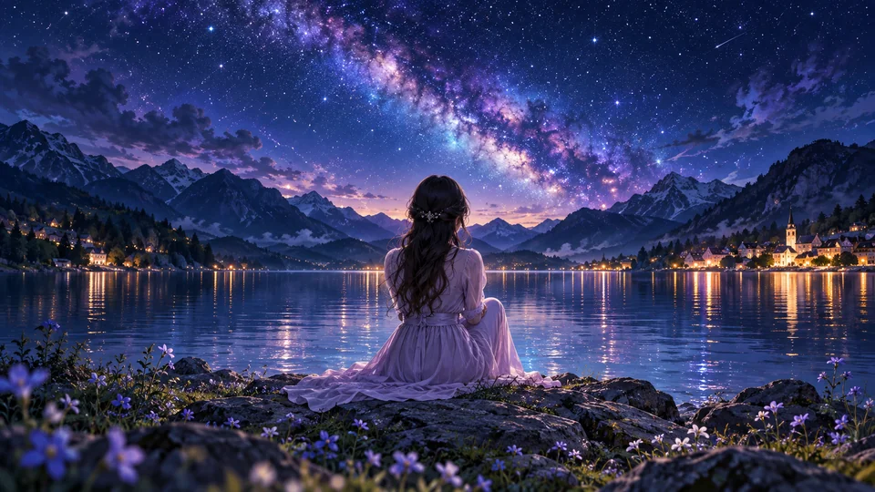 星空の湖畔で静かに考える人のイメージ